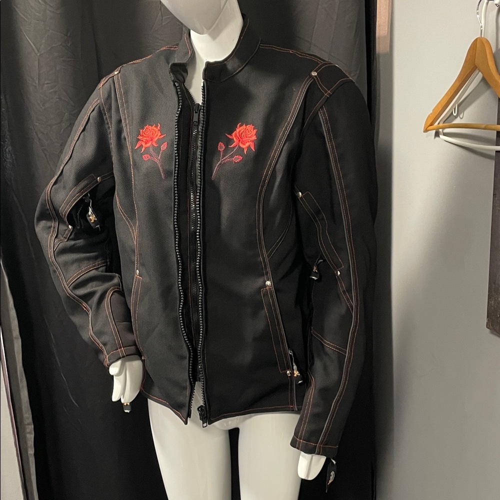Motorcycle with skid plates black Jacket with Red Rose Embroidery